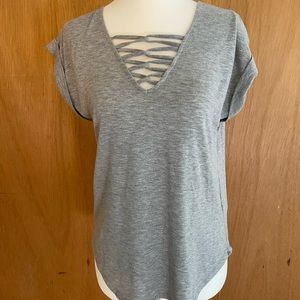 V-neck, gray, laces, short sleeve blouse, size S, worn once